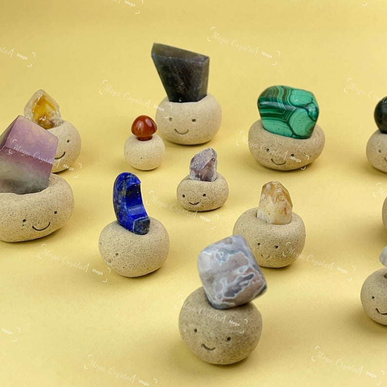 Mystery Handmade Clay Crystal Buddies Natural Crystal Desk Pet With Face Gift Polymer Clay Base