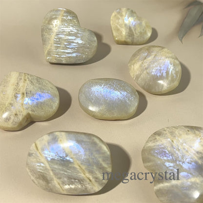 Natural Moonstone Hearts & Palm Stone Carved Healing Crystal Crafts Gemstone Carvings