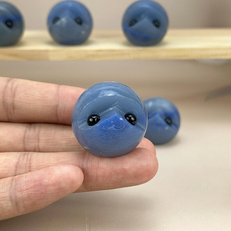 Natural 30mm Blue Aventurine Sphere Buddies Hedgehogs Healing Crystal Carving With Face Crystal Pet