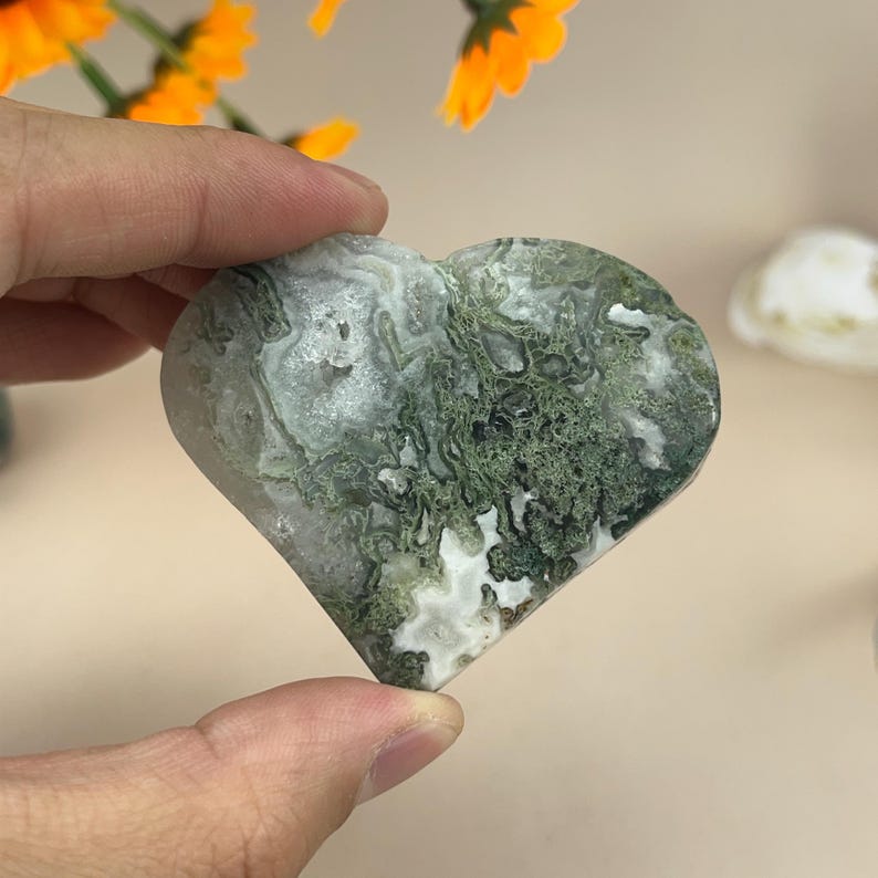 Moss Agate Hearts Carved Healing Crystal Crafts Gemstone Carvings Gemstone