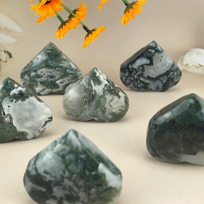 Moss Agate Hearts Carved Healing Crystal Crafts Gemstone Carvings Gemstone