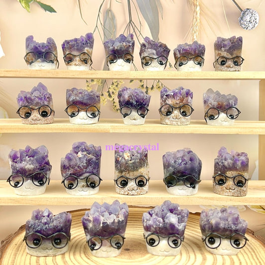 Natural Amethyst Clsuter Crystal Buddies Hedgehogs Healing Crystal Carving With Face