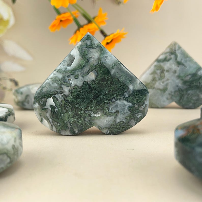 Moss Agate Hearts Carved Healing Crystal Crafts Gemstone Carvings Gemstone